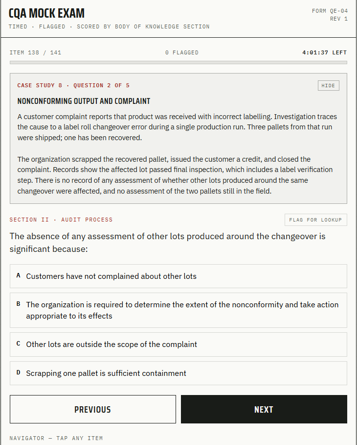 CQA Mock Exam — 141 items, timed, with case studies