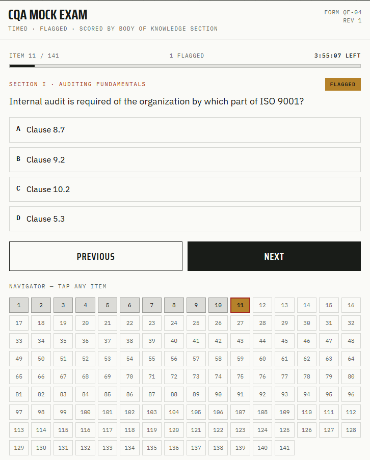 CQA Mock Exam — 141 items, timed, with case studies
