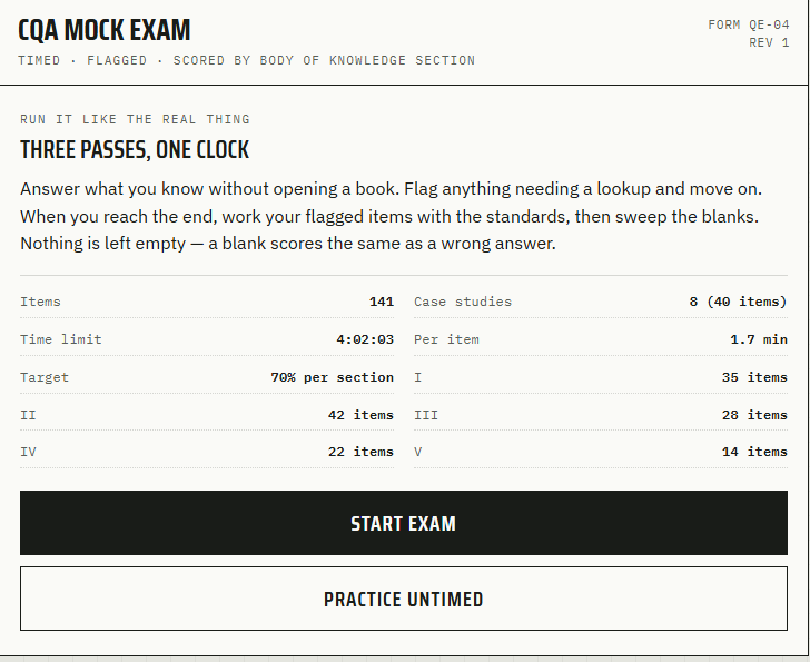 CQA Mock Exam — 141 items, timed, with case studies